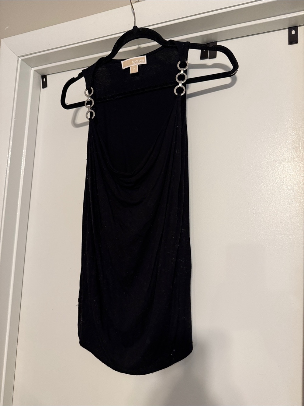 Michael Kors Black Draped Halter Top with Silver Ring Accents